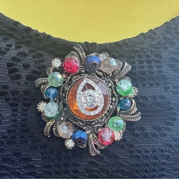 Collage beaded Brooch Handmade Repurposed Artisan Vibrant Crystal 0780 P - Picture 3 of 7